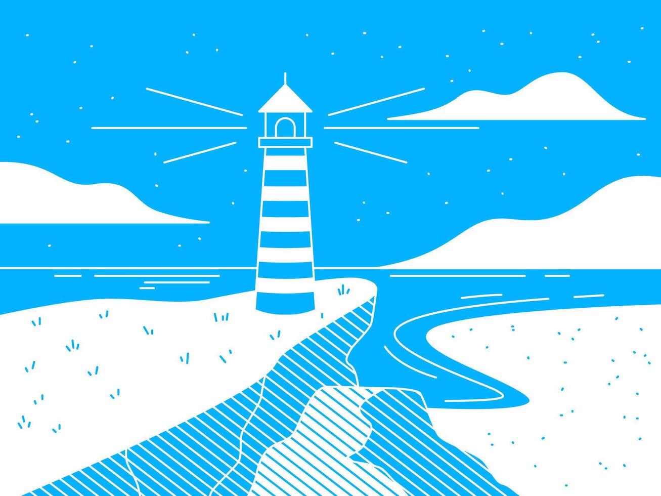 A tranquil coastal scene featuring a detailed illustration of a lighthouse with a guiding light. The composition evokes a sense of safety and direction. vector