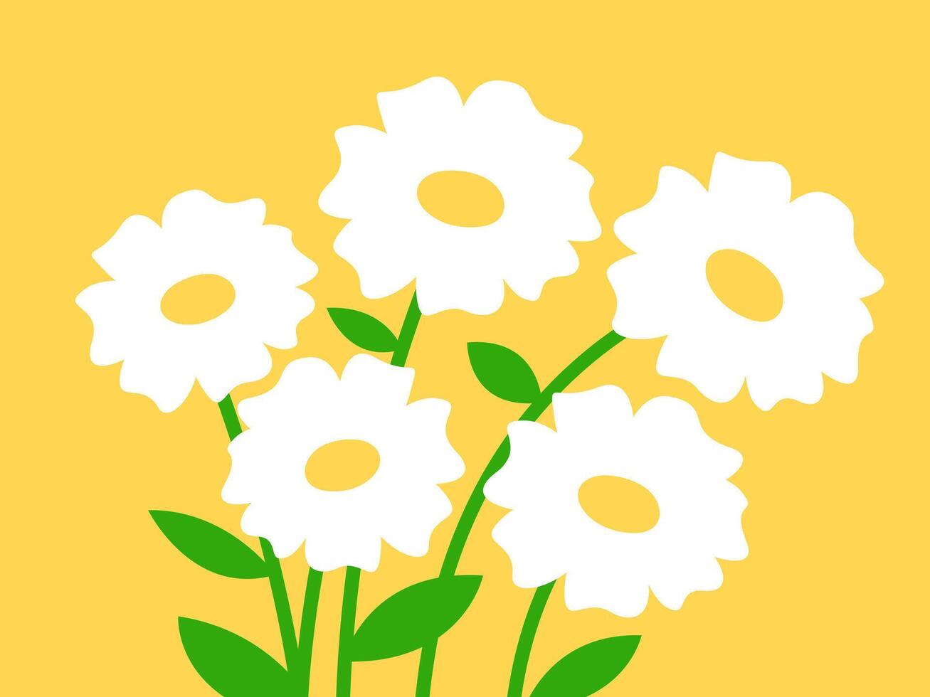 A whimsical illustration of a bouquet of white daisy flowers on a vibrant yellow background, celebrating nature's simple beauty with a playful touch. vector