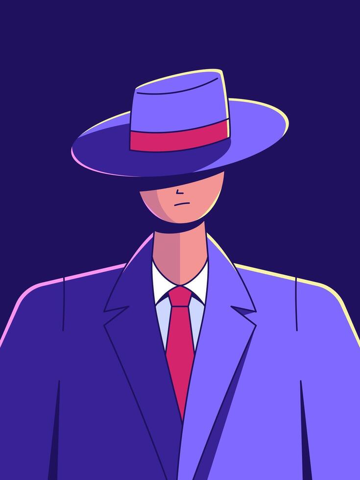 A mysterious man in a stylish suit and hat, exuding an air of enigmatic and unknown. Perfectly tailored illustration of a modern man, full of curiosity and sophistication. vector