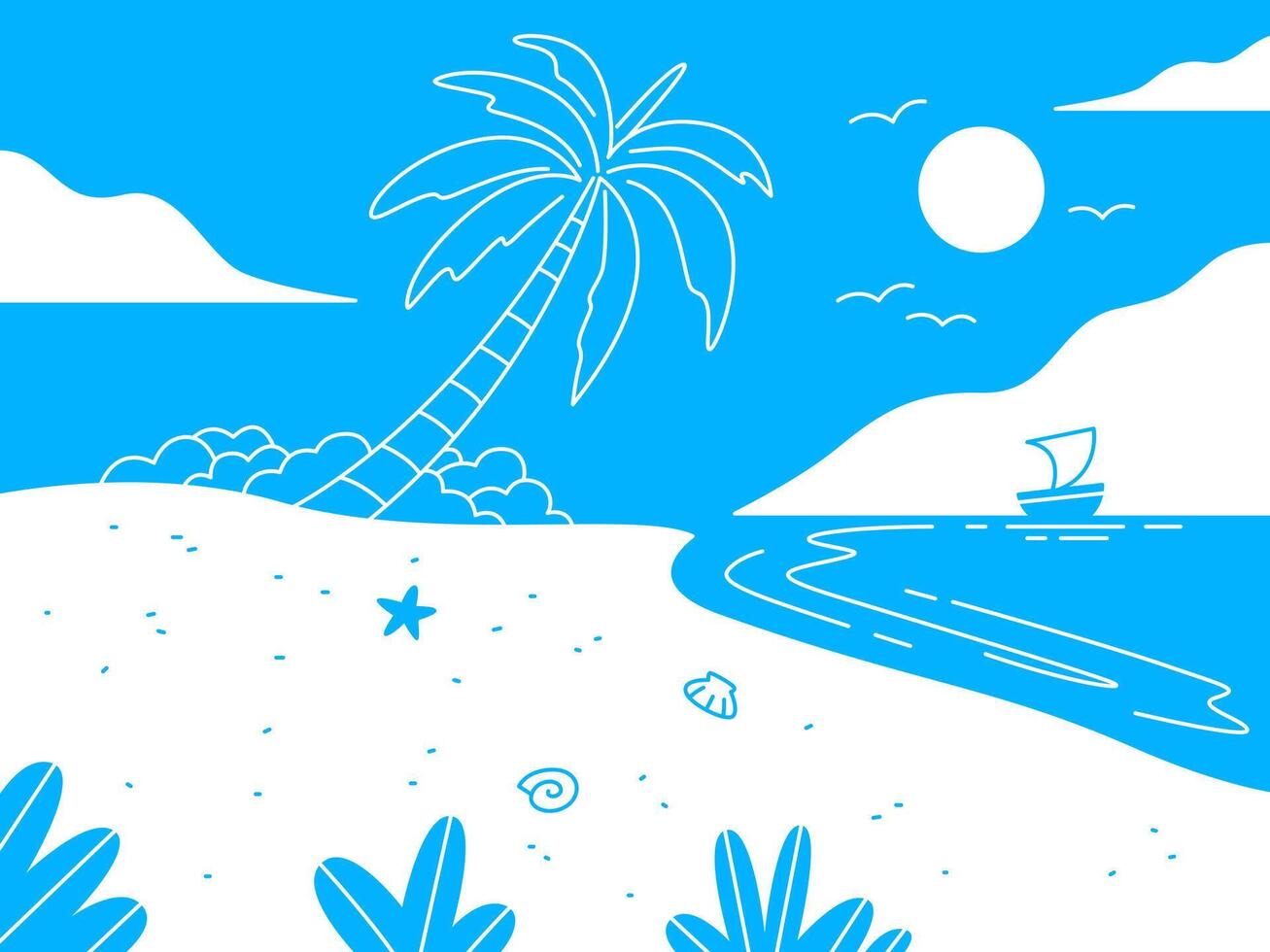 A minimalist illustration captures the essence of a tropical beach scene, with a leaning palm tree, gentle waves, and a sailboat under the radiant sun. vector