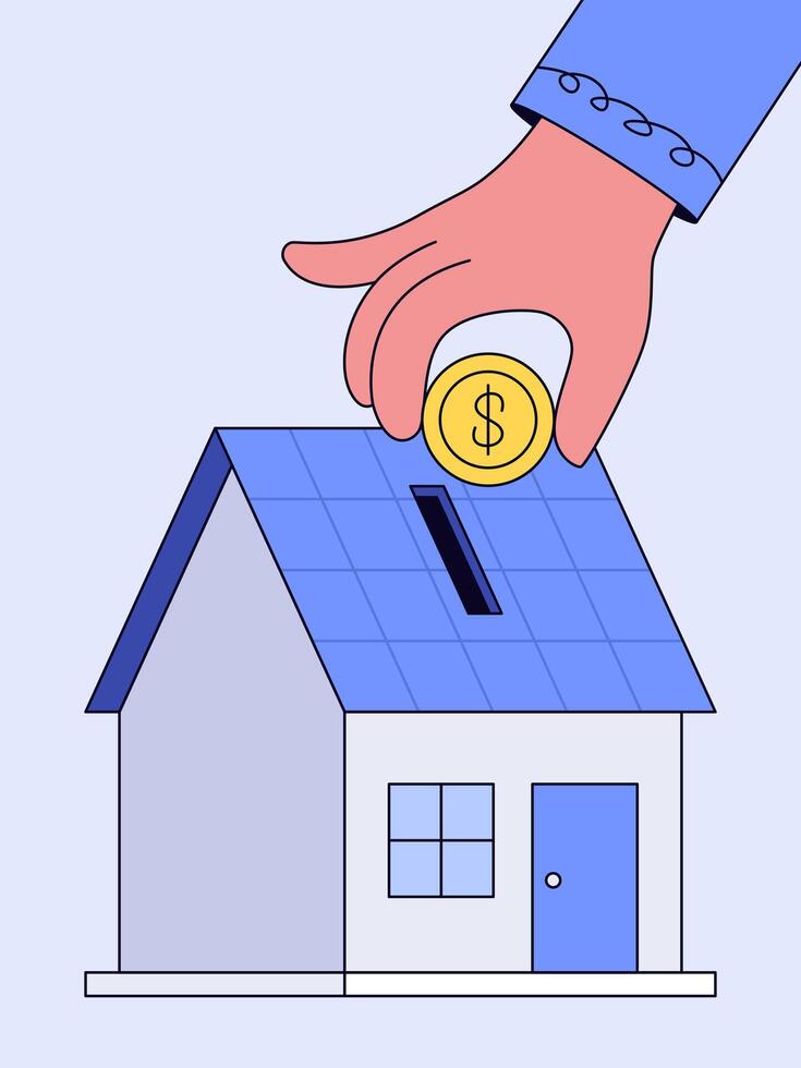 A hand gently places a gold coin into the roof slot of a small house, symbolizing savings and investment for a home. vector