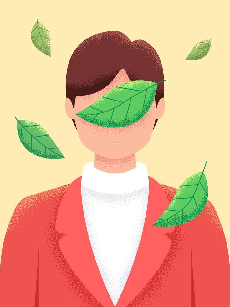 Conceptual image, a man in red suit surrounded by green leaves, representing nature, growth, and environmental consciousness. vector