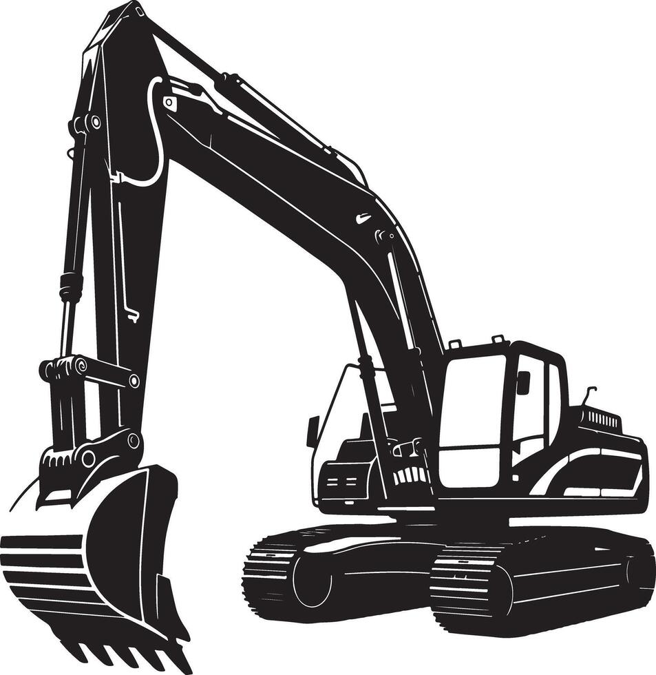 Heavy duty excavator machine with bucket and tracks silhouette vector