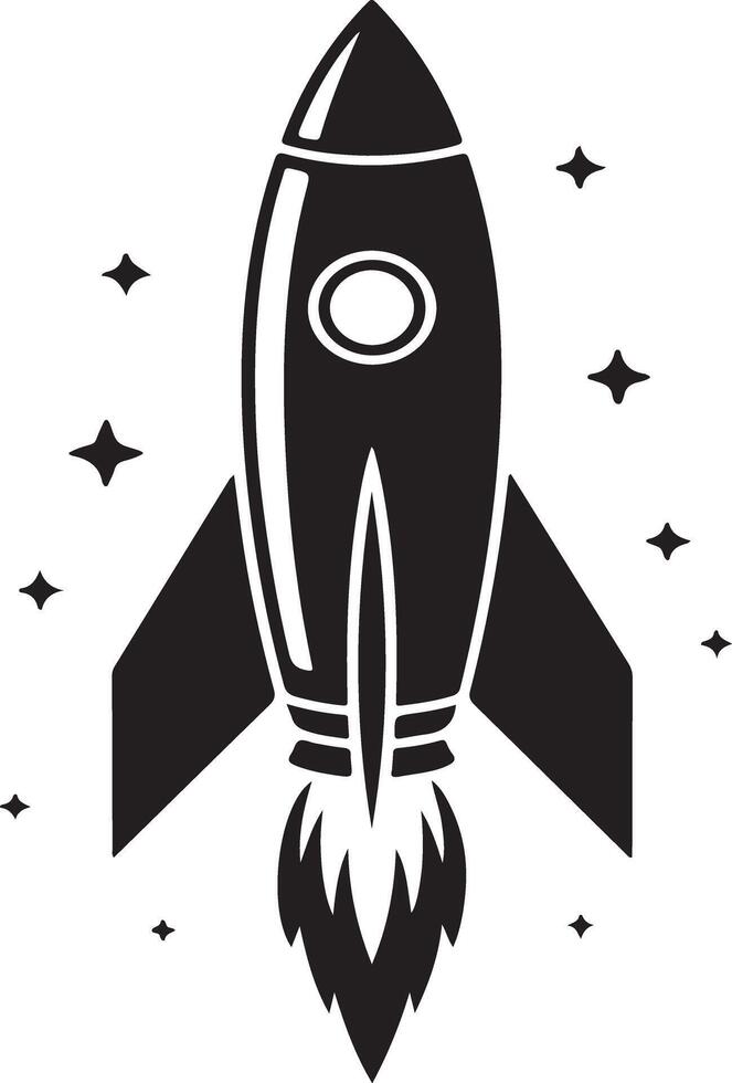 Retro rocket ship launching through stars silhouette vector
