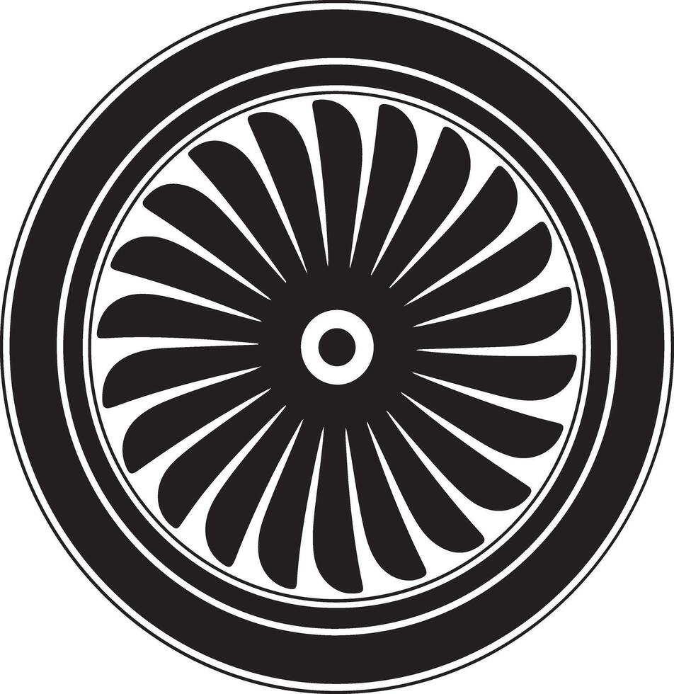 Black silhouette of a jet engine turbine fan with a white center hub vector