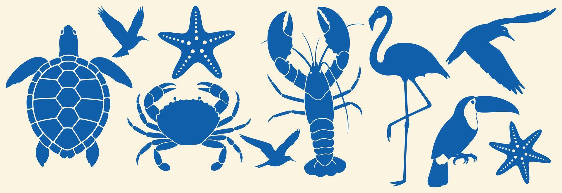 Tropical marine animal and bird silhouette set in bold blue featuring turtle crab lobster starfish flamingo toucan and seagulls for summer beach and ocean themes vector