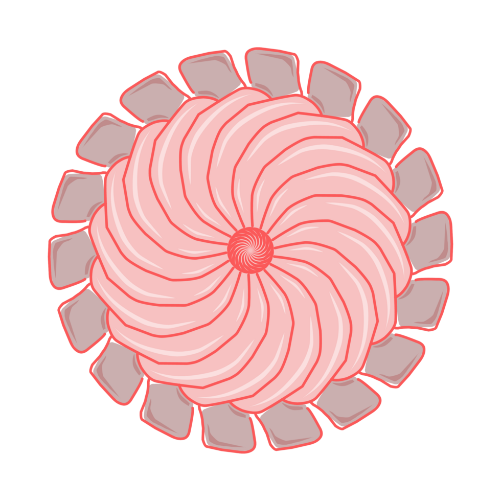 Soft Pink Swirl Mandala with Outer Petals, Abstract Floral Geometric Pattern, Elegant Layered Bloom Design png