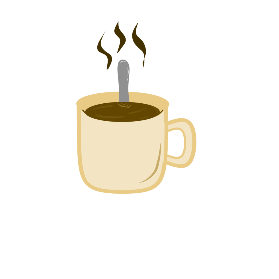 Steaming Coffee Mug with Spoon and Upward Steam, Inviting Hot Drink Graphic, Simple Cartoon Beverage for Relaxation png