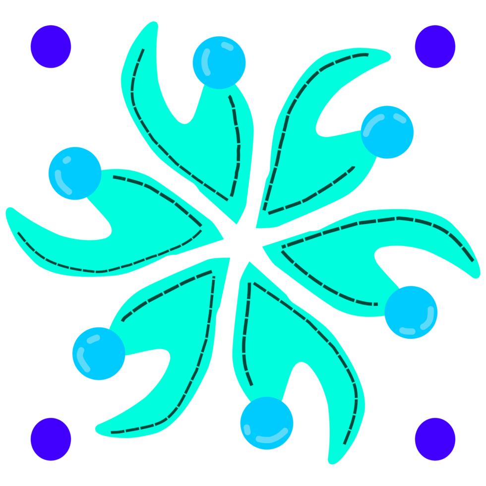 Abstract Teal Flower with Blue Orbs Whimsical Blue and Purple Geometric Pattern Modern Stylized Floral with Floating Spheres png