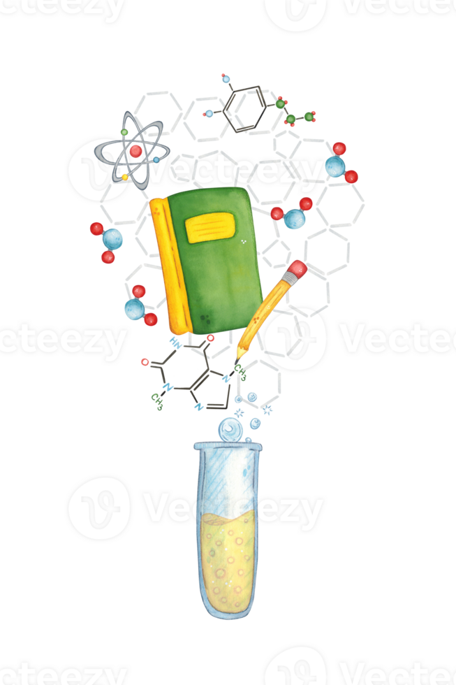 Blank for a postcard - a test tube and a book, chemical formulas fly out of it. Watercolor illustration drawn by hand, cartoon. Drawing for a sticker, poster. science, school, laboratory, biology png