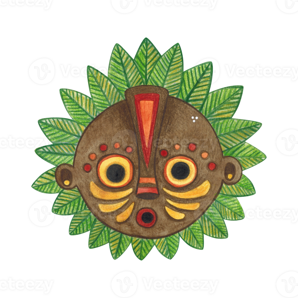 African brown round mask with green leaves and bright color pattern. Watercolor hand drawn illustration, cartoon. Drawing for print, stickers, cards, poster. Africa, mask, bright, holiday, red, orange png