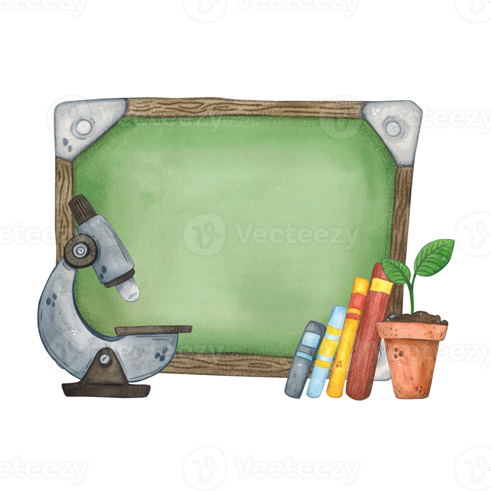 School board, microscope, books, pot with plant. Watercolor illustration hand drawn, cartoon. Drawing for stickers, cards, invitations, scrapbooking. science, school, laboratory, back to school, bio png