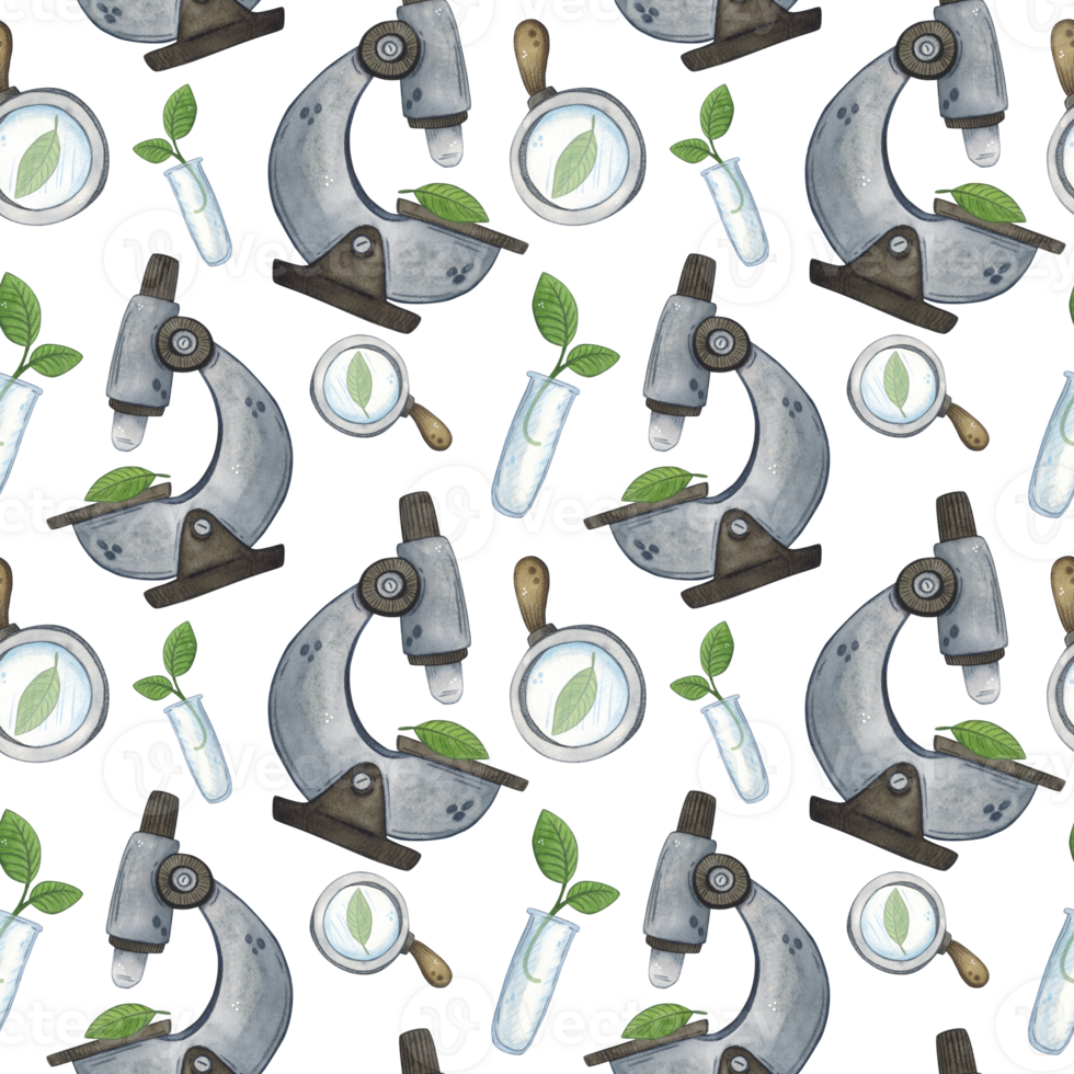 Seamless pattern with microscopes, magnifying glasses and green leaves. Watercolor illustration hand drawn, cartoon. Drawing for sticker, poster. science, school, laboratory, biology, chemistry png