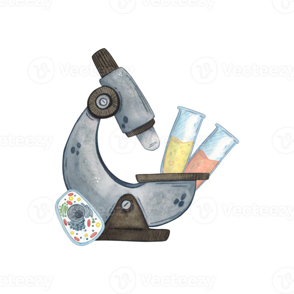 Microscope, two flasks with colored liquid and a cell stand next to each other. Watercolor illustration hand drawn, cartoon. Drawing for stickers, cards, invitations, scrapbooking. science, school png