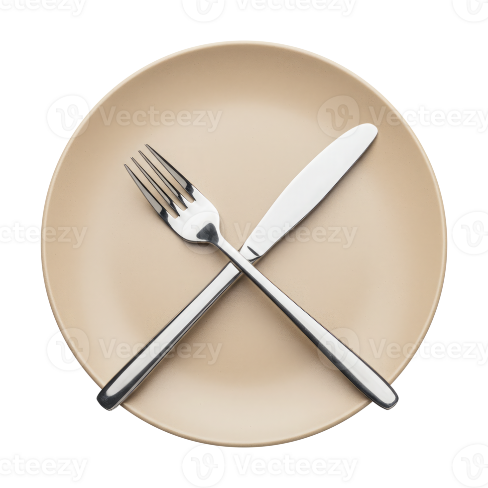Silverware on a Beige Dish, Ready for a Meal. Cut Out, Clipping Path Isolated on Transparent Background. png