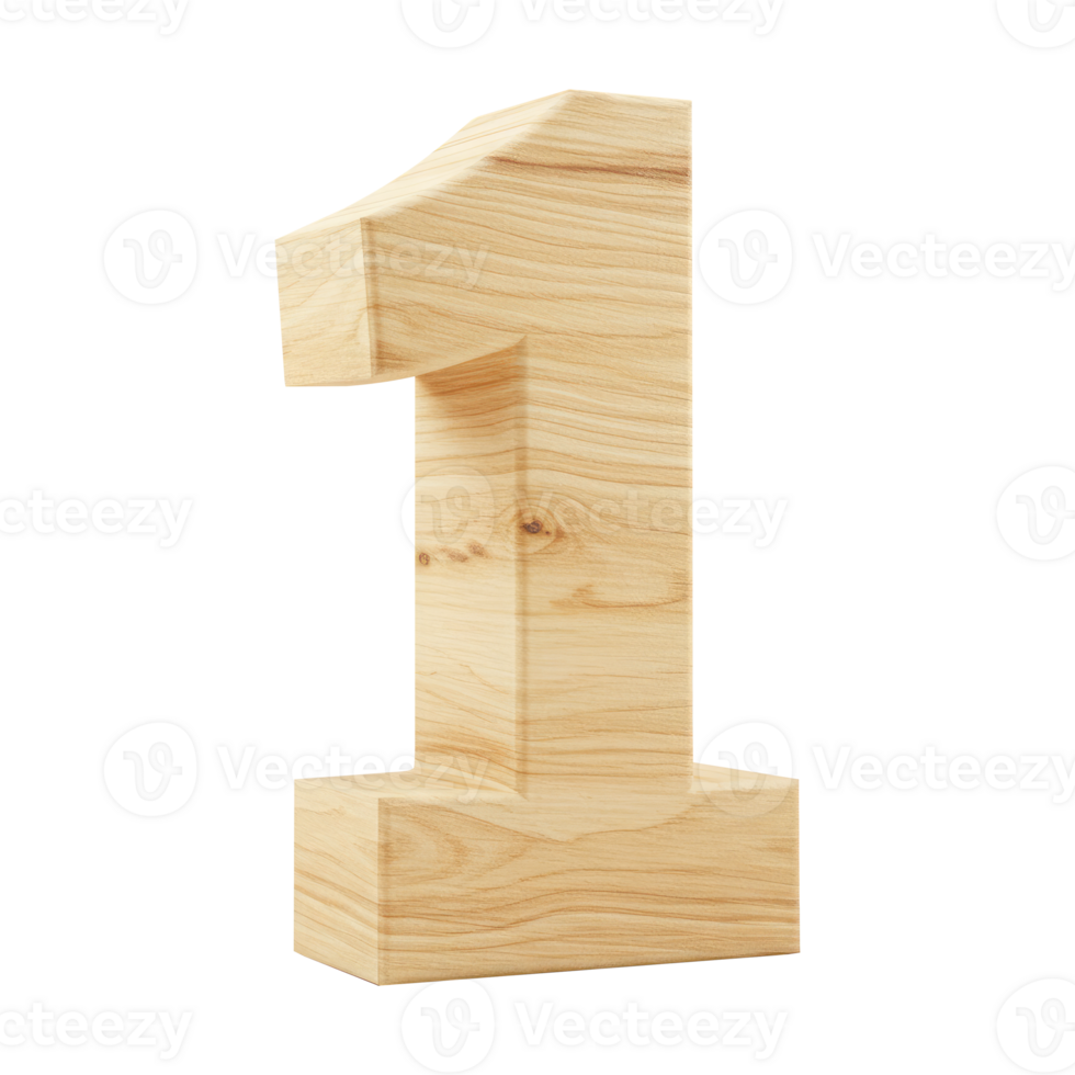 A Realistic 3D Wooden Number or Digit One with a Natural Wood Texture, Wooden Font Character of the Number 1 for Educational Use. Cut Out, Clipping Path Isolated on Transparent Background. png