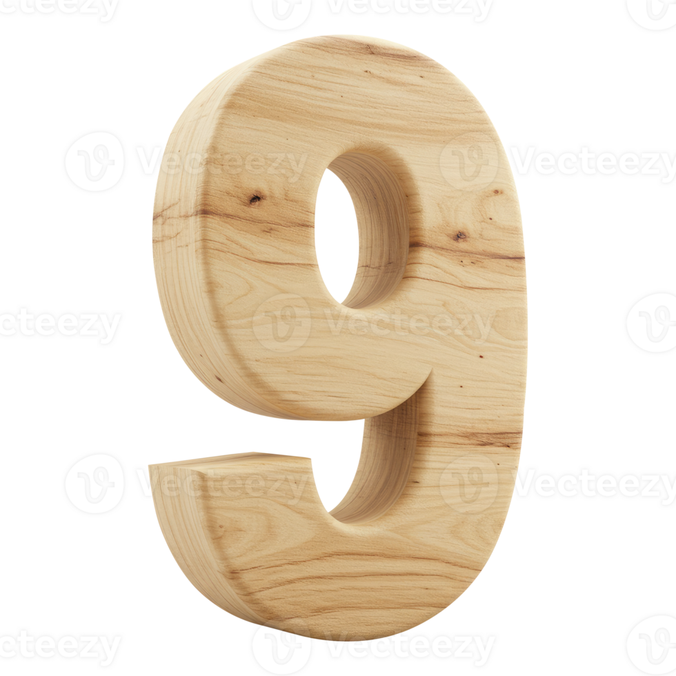 A Realistic 3D Wooden Number or Digit Nine with a Natural Wood Texture, A Wooden Font Character of the Number 9 for Educational Use. Cut Out, Clipping Path Isolated on Transparent Background. png