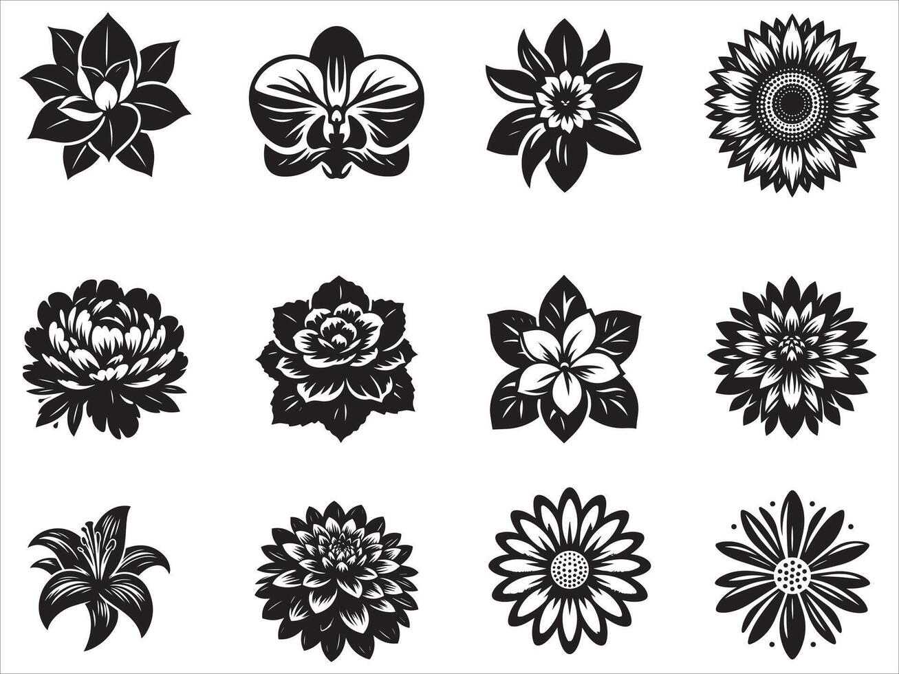 Collection of Black and White Floral Silhouettes vector