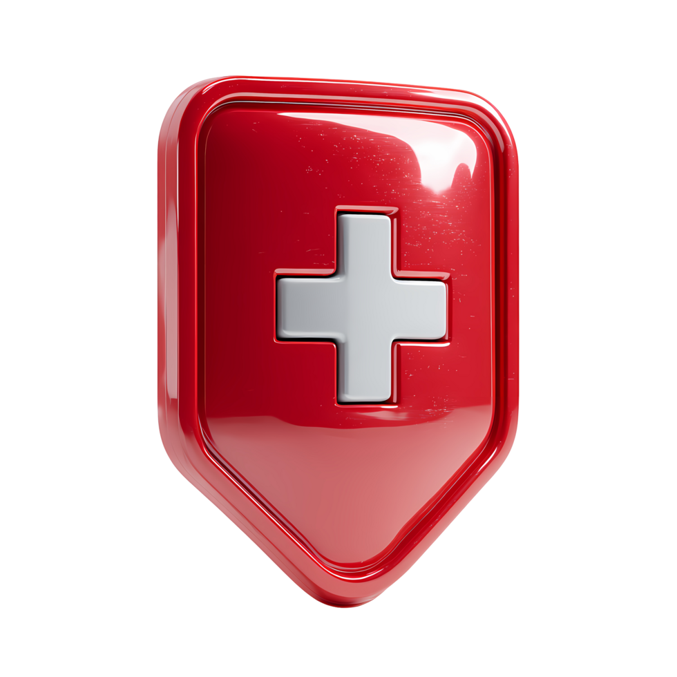Red shield with white cross medical symbol on transparent background glossy png