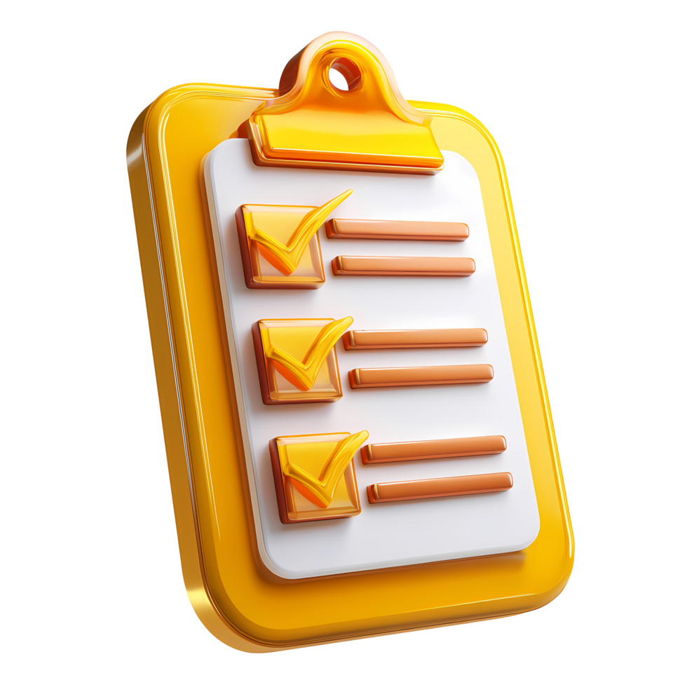 Golden clipboard with check marks and lines on transparent background rendered png