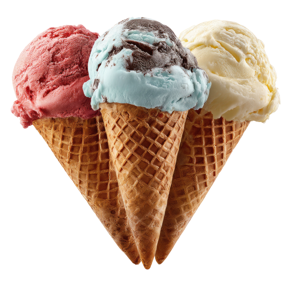 Three ice cream cones with different flavors on transparent background png