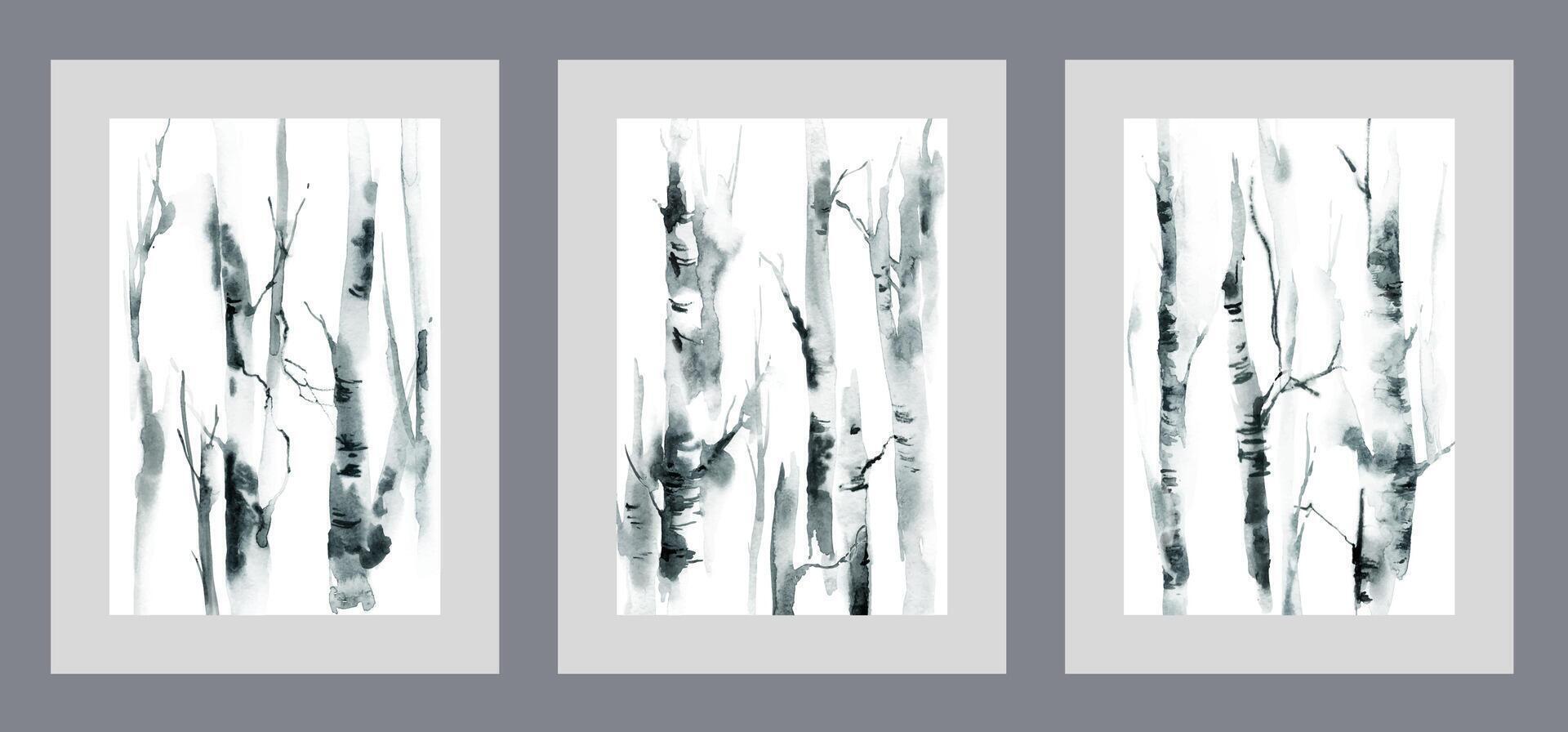 Trunks of birch trees growing in dense thicket of natural park, on watercolor monochrome posters vector