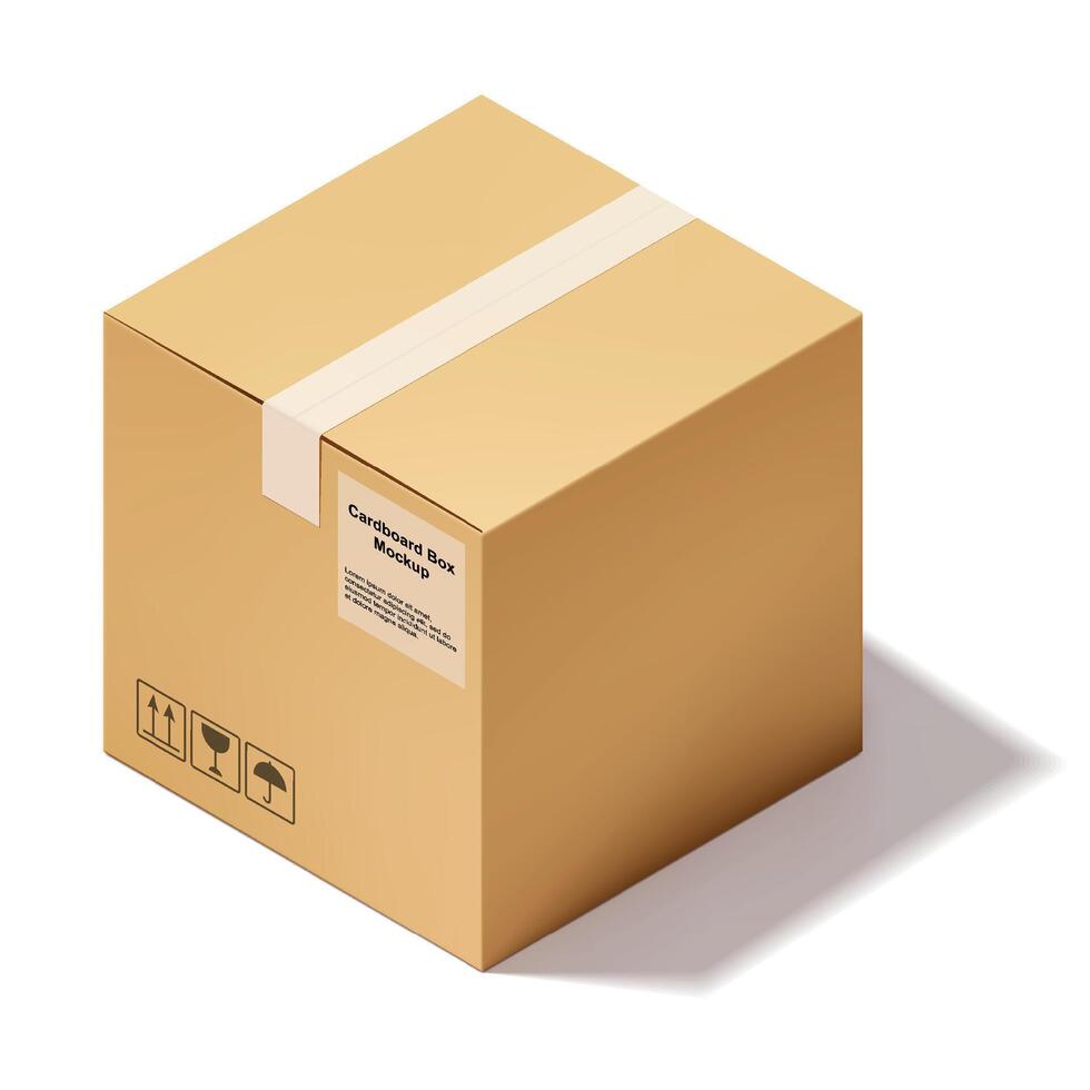 Isometric style of square cardboard box packaging mockup isolated on white background, brown paper carton package parcel object template illustration vector