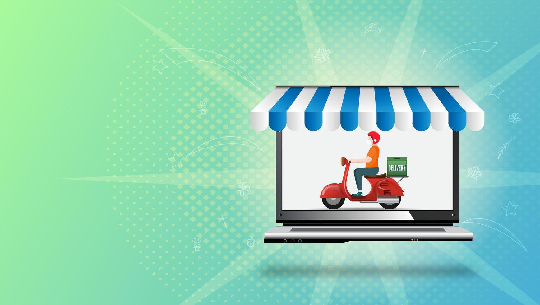 Online food delivery service via laptop vector