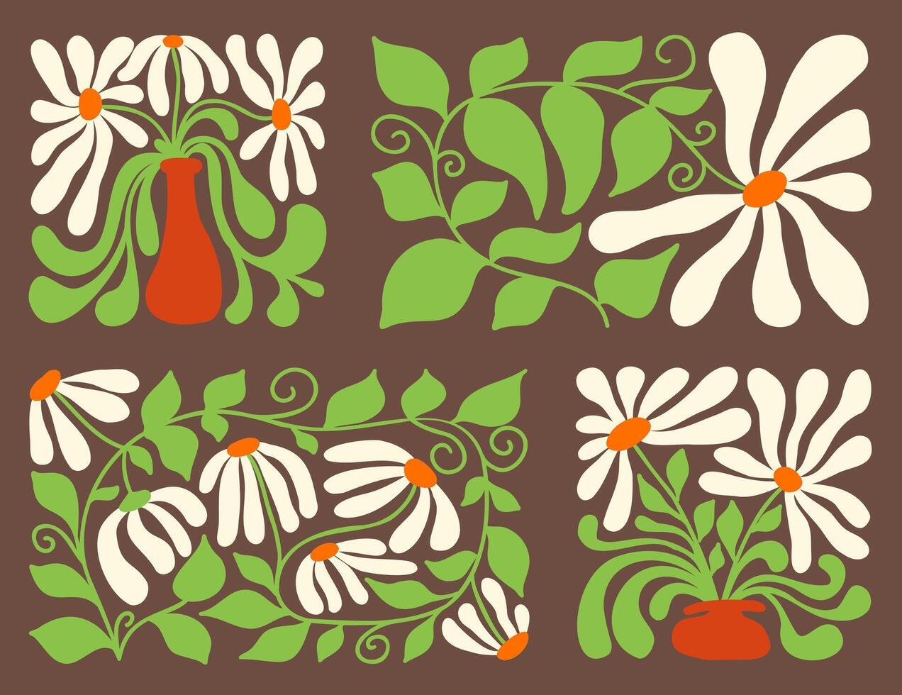 Abstract floral designs inspired by 70s wavy style with vibrant colors vector