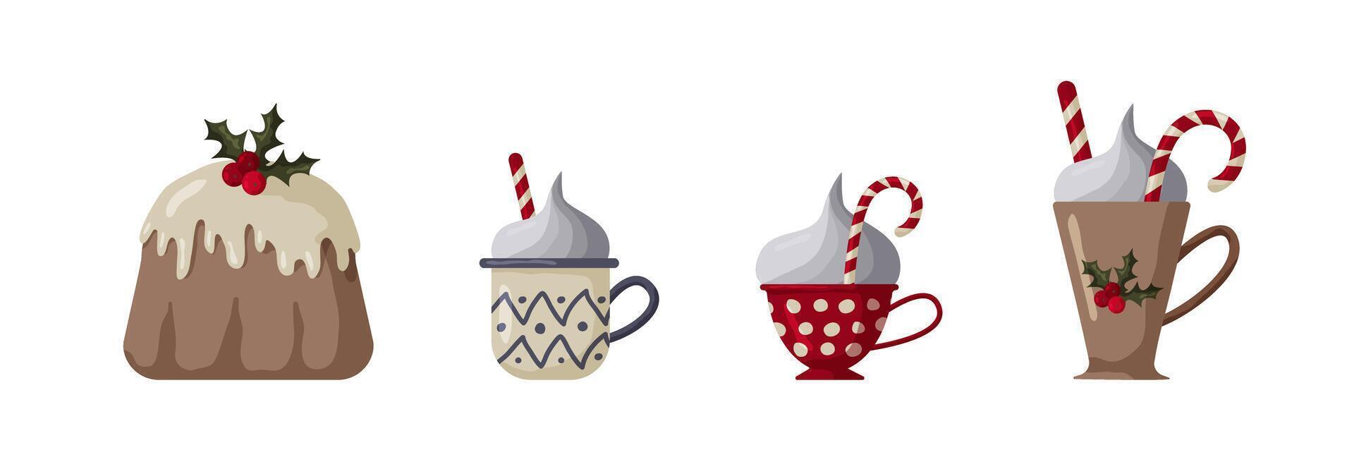 Delicious holiday treats featuring traditional pudding and festive drinks vector