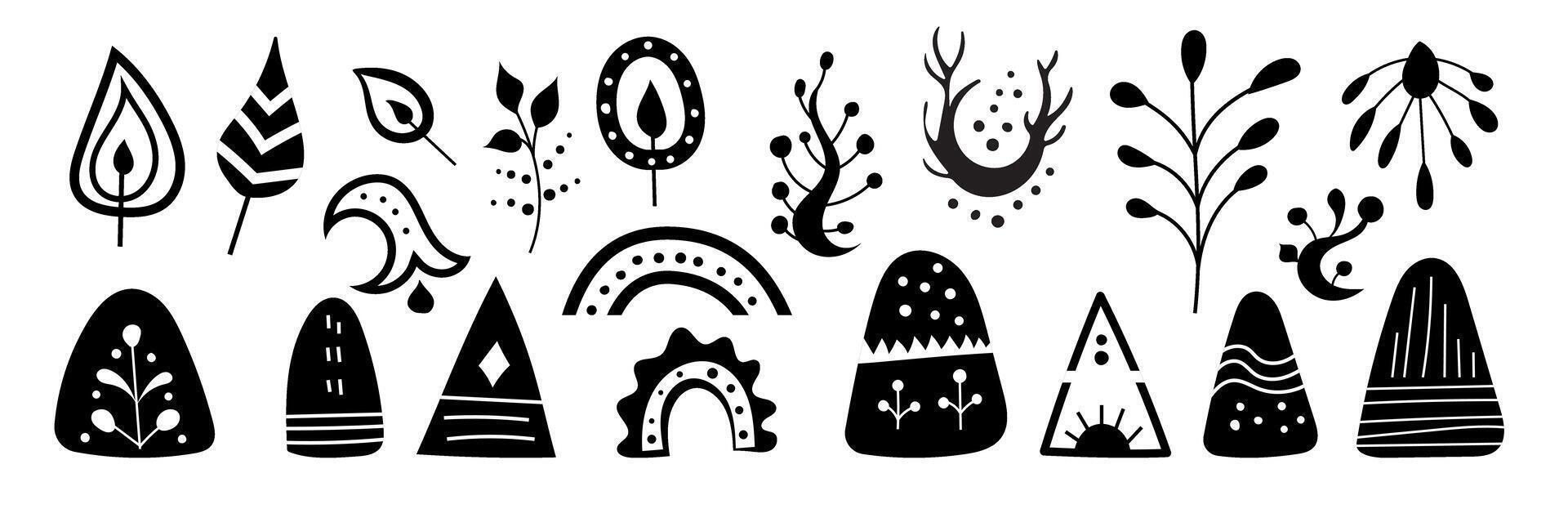 Creative black and white collection of whimsical nature-inspired shapes and patterns vector