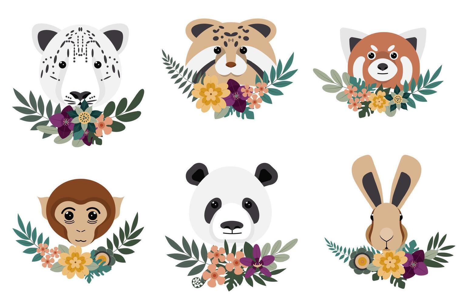 Colorful animal illustrations surrounded by floral designs showcasing wildlife diversity vector