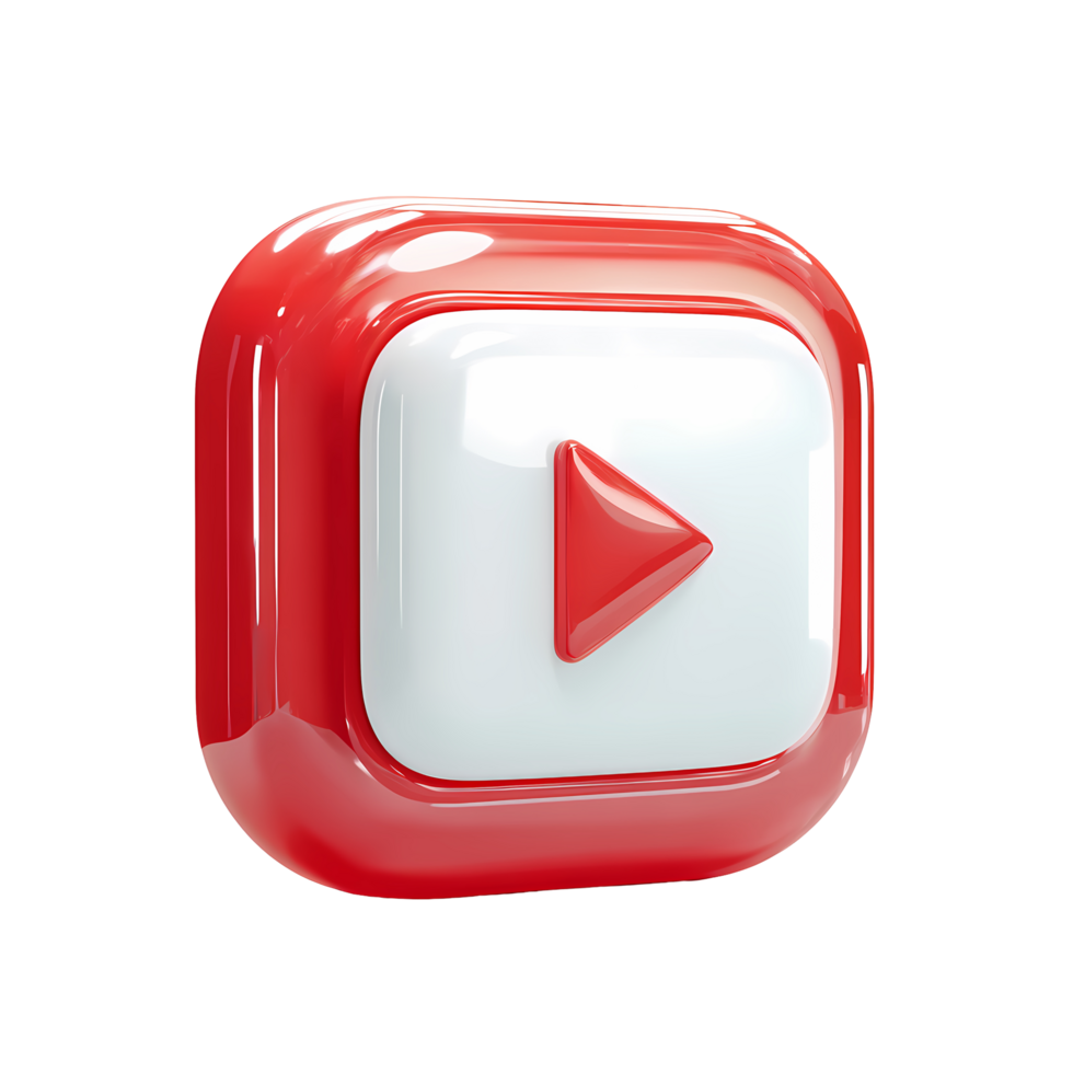 Red and white play button icon 3D rendering on transparent background png