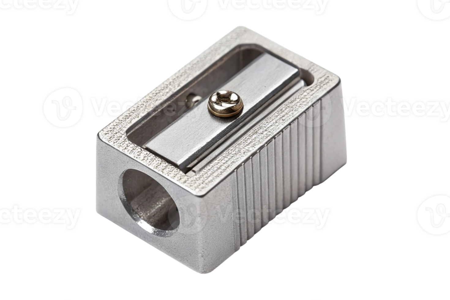 Single hole metal pencil sharpener with a shiny silver finish and screw png
