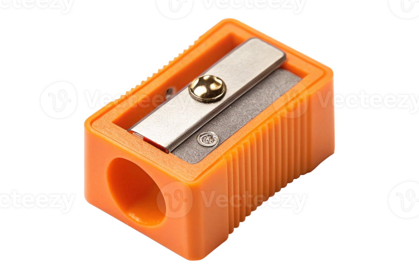 Close up of a single hole orange plastic pencil sharpener device png