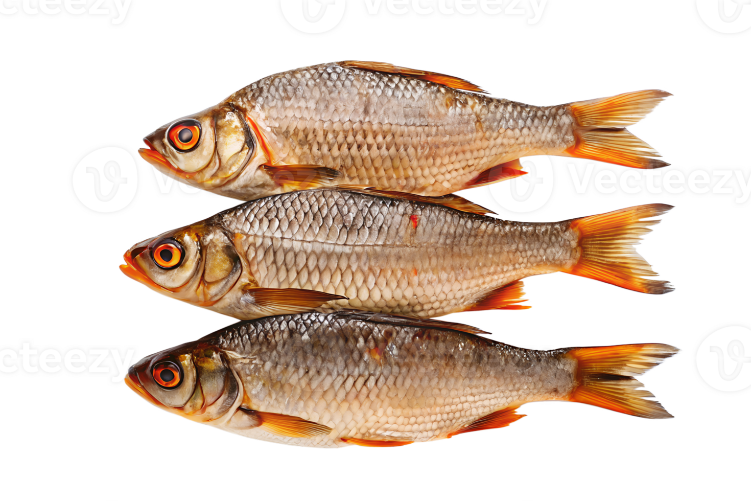Three fresh roach fish stacked top of each other against a neutral png
