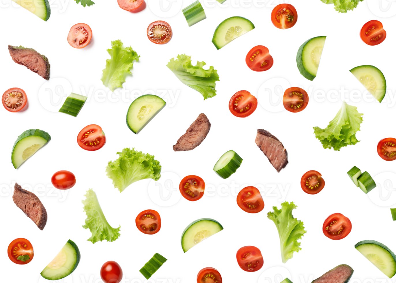 Fresh salad ingredients including meat, lettuce, tomato, and cucumber png