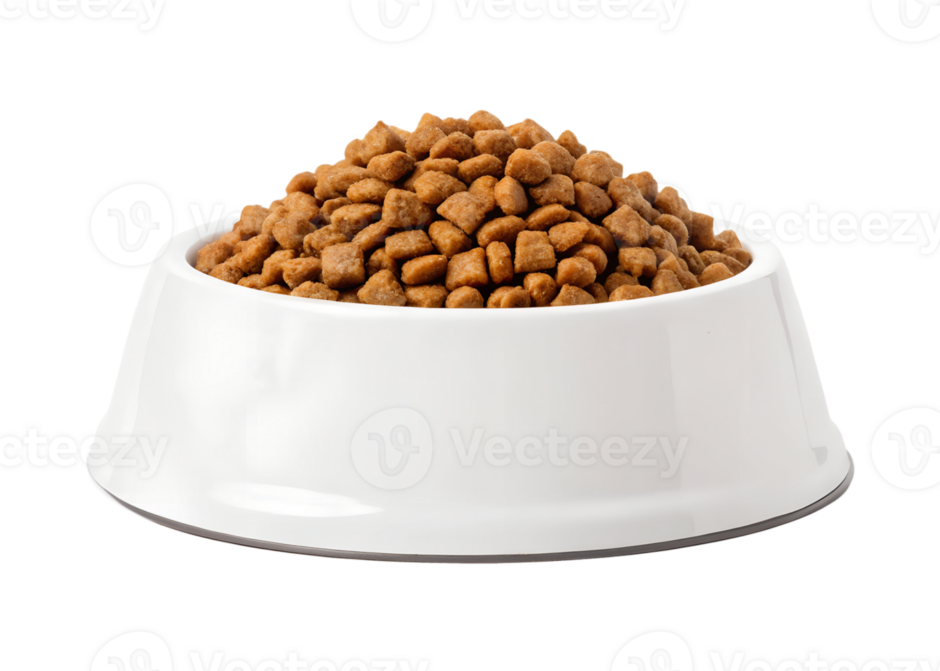 A white pet food bowl filled with a generous portion of dry kibble transparent background png