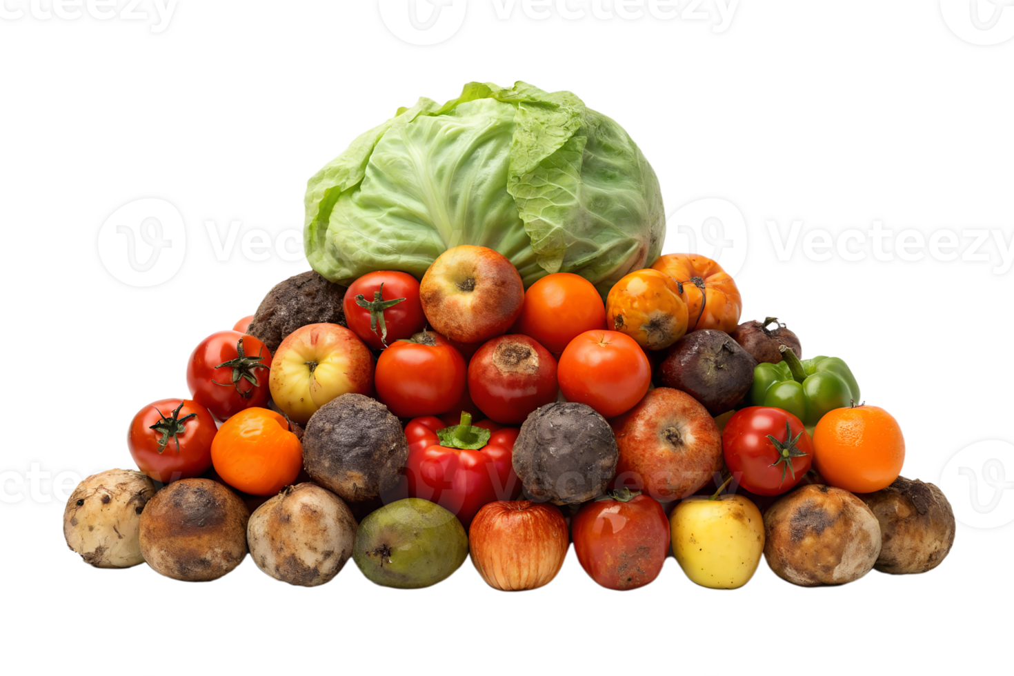 Arrangement of Fresh Fruits and Vegetables Featuring Tomatoes, Apples, and Cabbage png