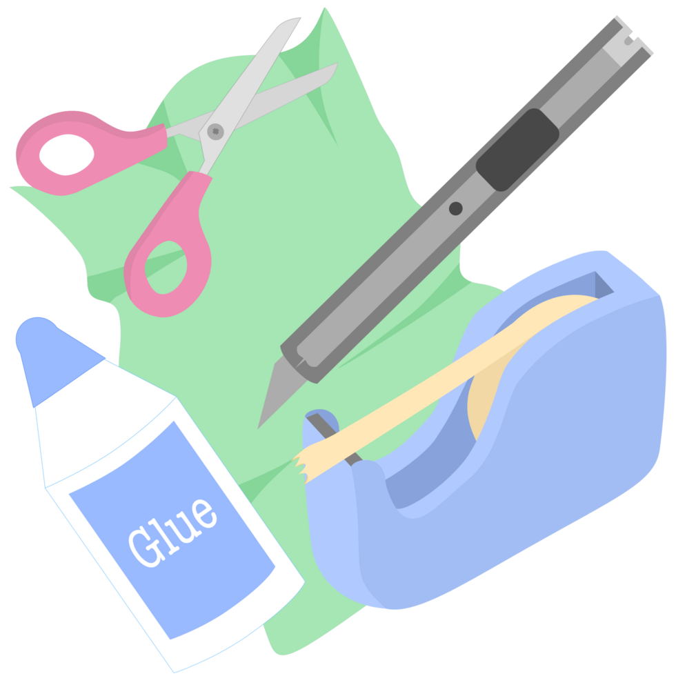Craft and Paper work Set include Scissors, Glue, Tape Dispenser, and Utility Knife png