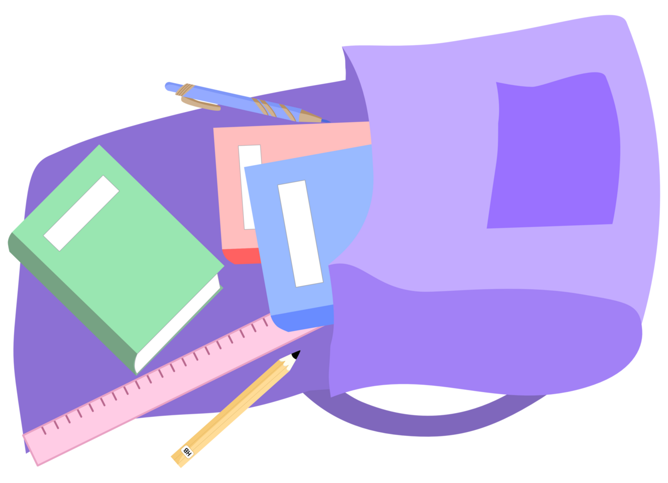 Student Backpack Open with Books, Pencils, and Ruler Spilled Out png
