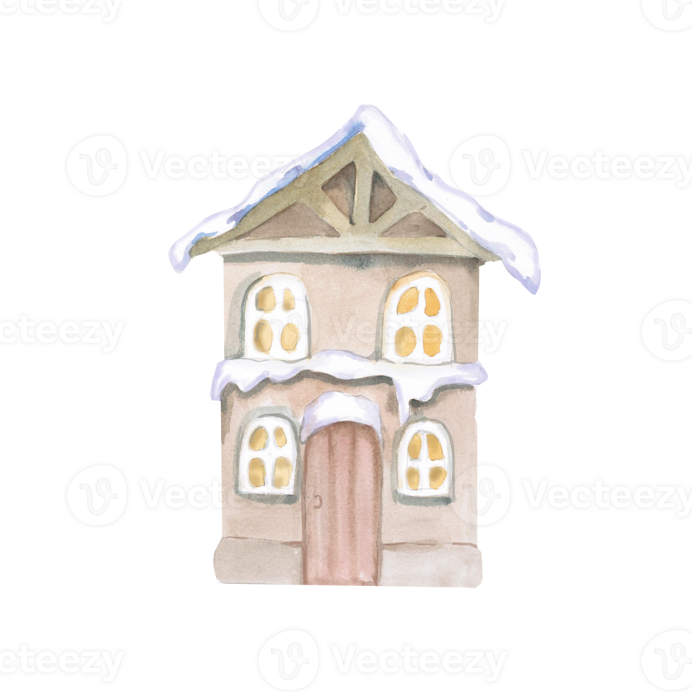 Fairytale winter two-story brown house. Isolated watercolor house illustration for kids room design, children's clothing, poster printing, Christmas card design. png