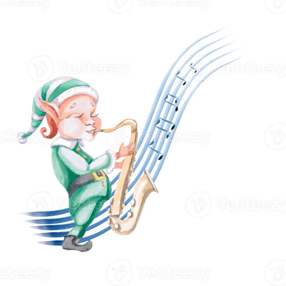 Elf playing saxophone against the background of a musical staff. Isolated watercolor illustration on a musical theme for decorating invitations, postcards, concert tickets, printing on posters. png