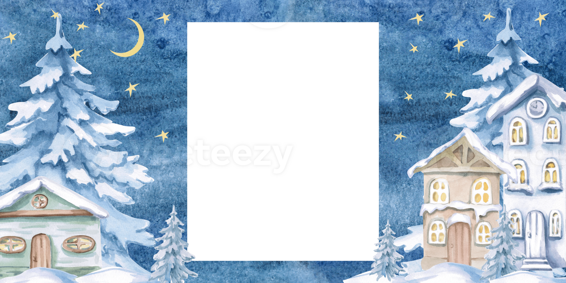 Rectangular frame of a winter fairy-tale town. Isolated watercolor illustration for the design of printed products, interior, invitations, posters, congratulations. png