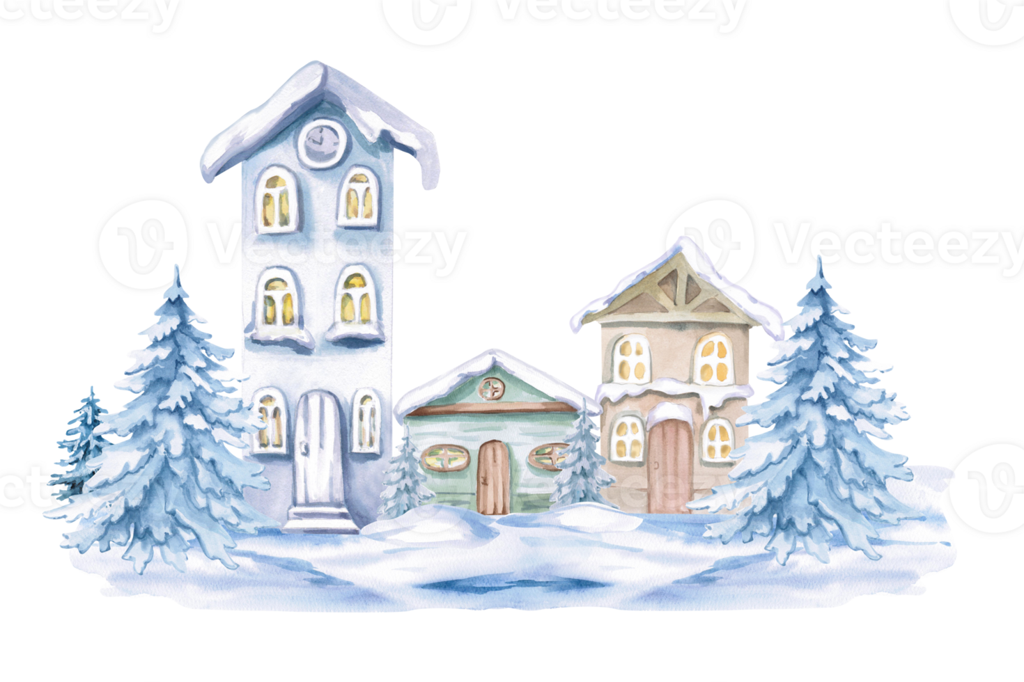 Cozy village under snow with Christmas trees. Isolated watercolor illustration for invitations, tickets, photo frames, posters, calendars, printing on textiles and clothes. png