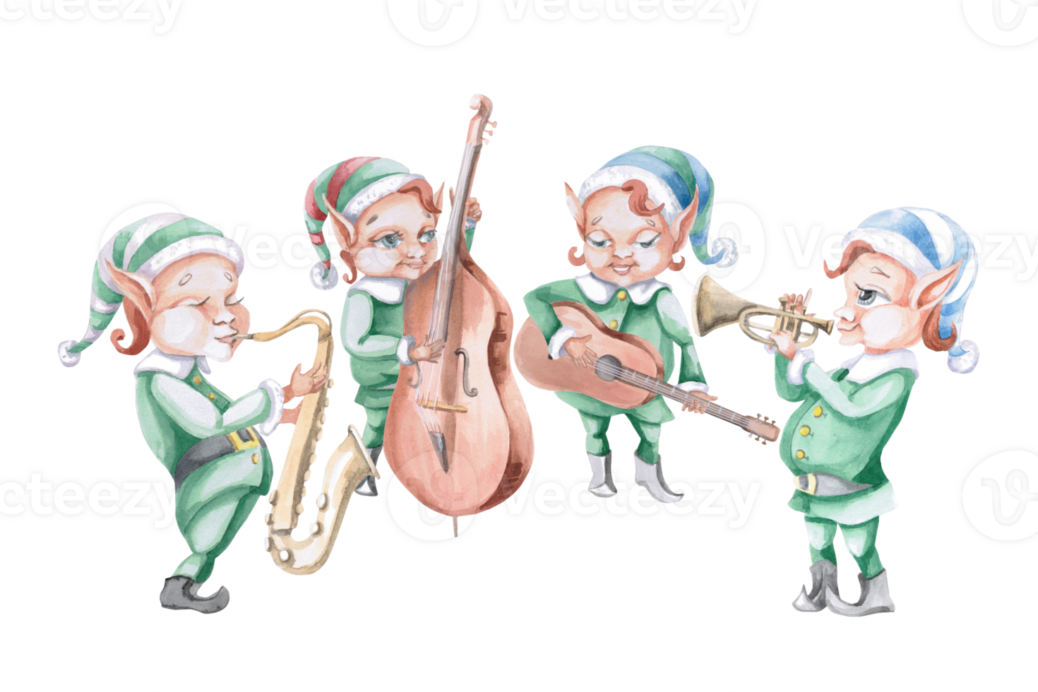 Jazz quartet of Christmas elves playing musical instruments. Isolated watercolor illustration for design of printed products, interior, invitations, posters, greetings. png