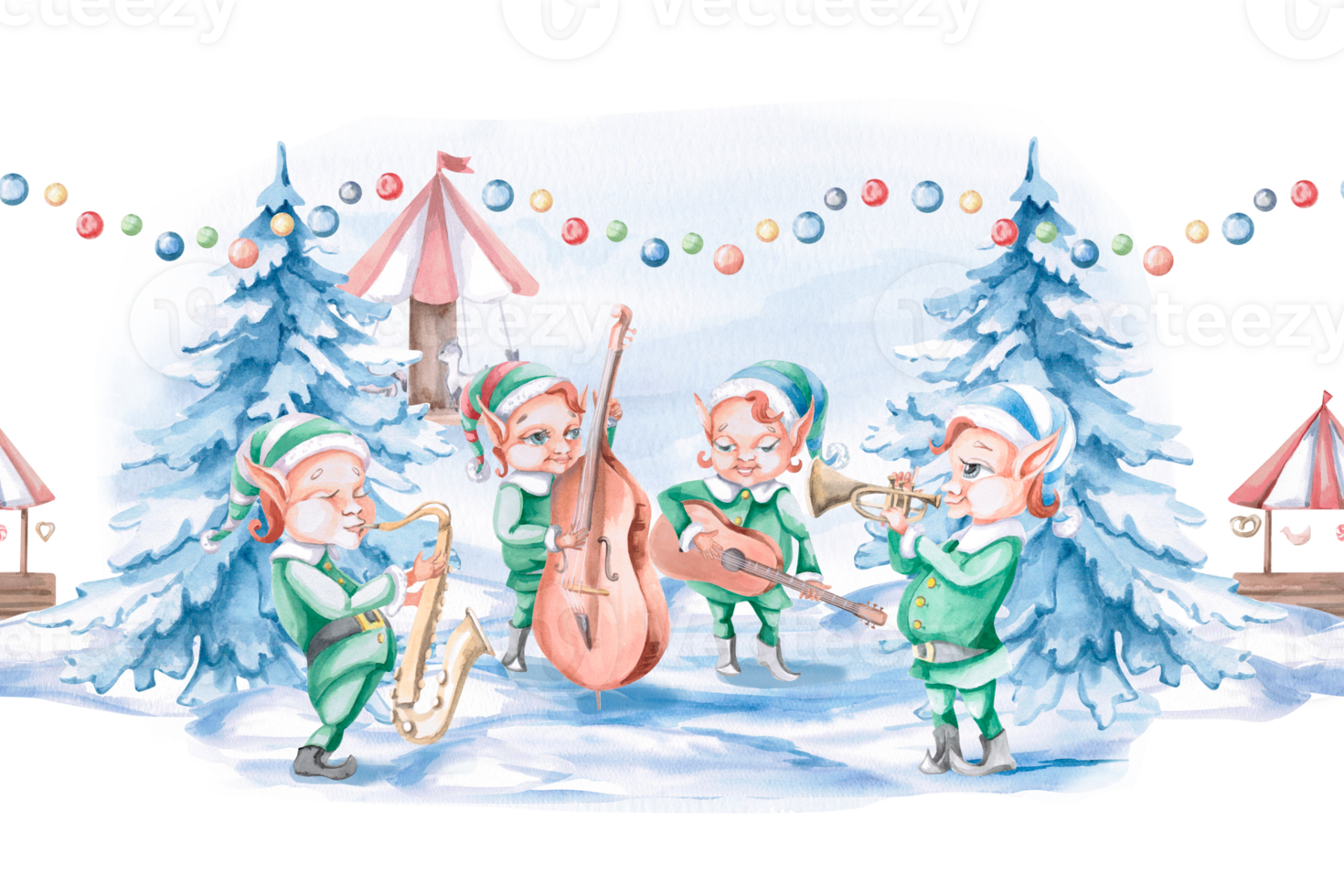 Seamless border with elf musicians on the Christmas fairground. Isolated watercolor illustration for design of concert tickets, interior, invitations, posters, greetings. png