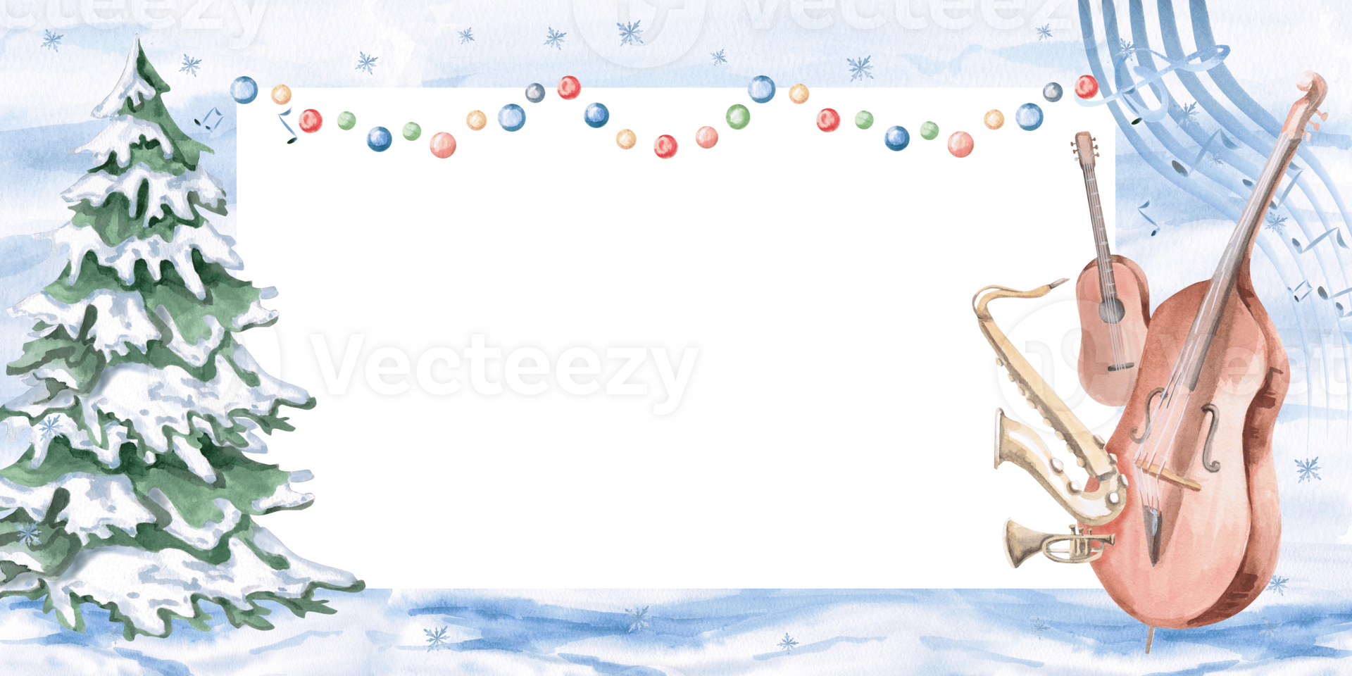 Rectangular frame with a Christmas tree, garland and musical instruments. Isolated watercolor illustration on a Christmas theme for the design of musical New Year festivals, concerts, invitations. png