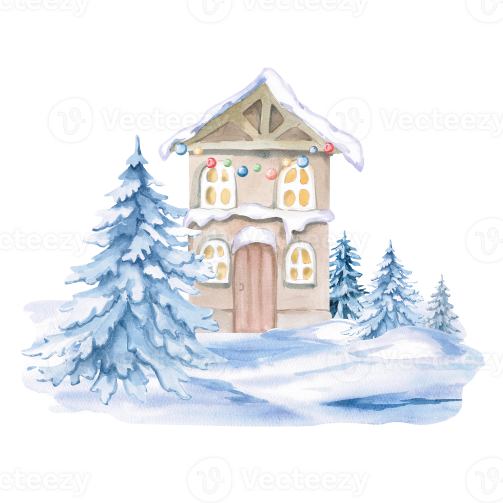 Cozy brown house under snow with colorful garlands. Isolated watercolor illustration for invitations, tickets, photo frames, posters, calendars, printing on textiles and clothes png