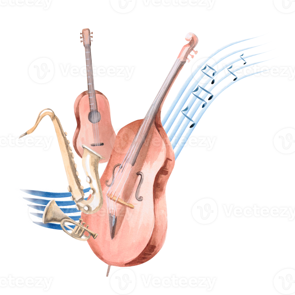 Composition of musical instruments against the background of a musical staff. Isolated watercolor illustration for the design of invitations, postcards, concert tickets, printing on posters. png